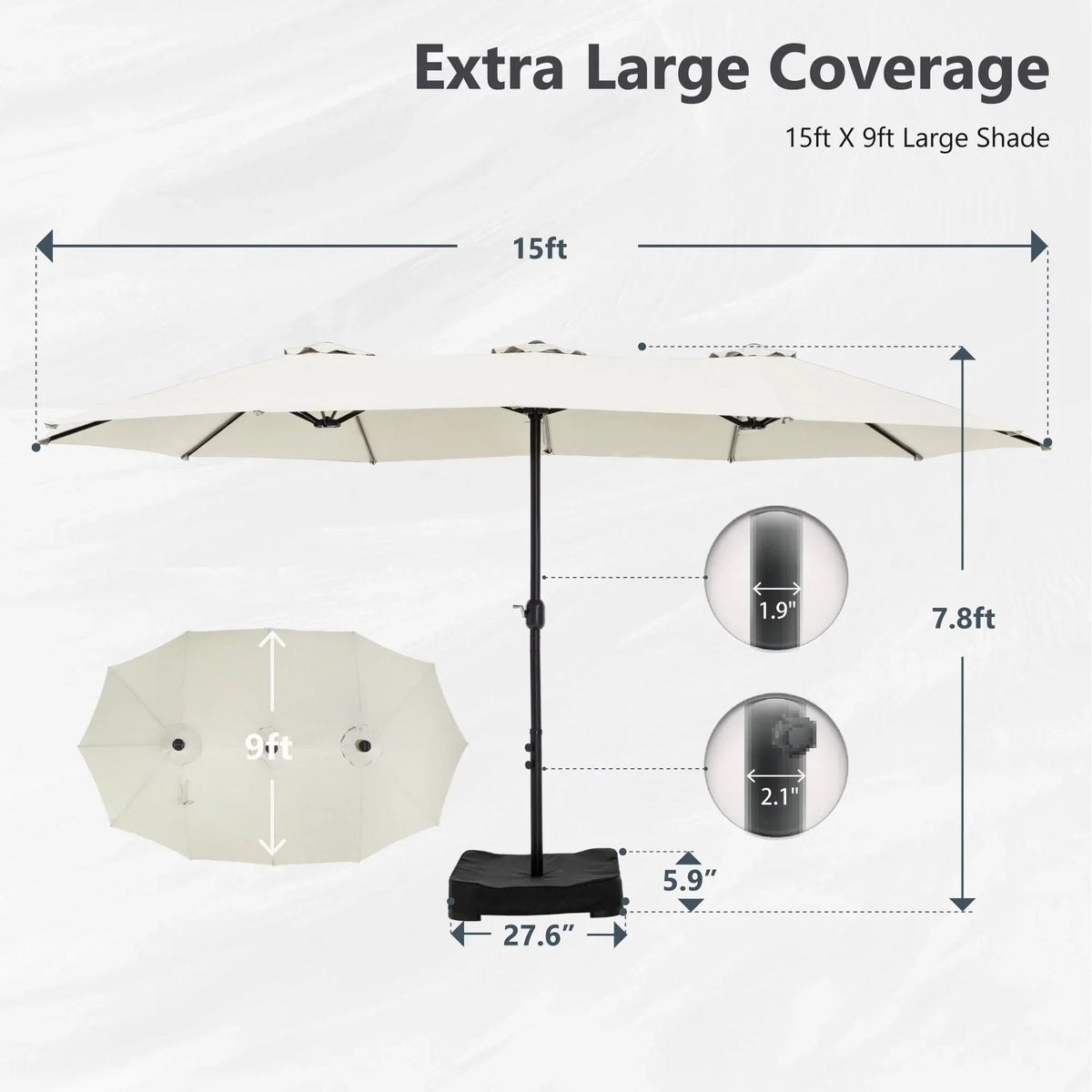 MAISON ARTS dubbele parasol voor terras, 15 ft, extra groot, tweepersoons, inclusief voet