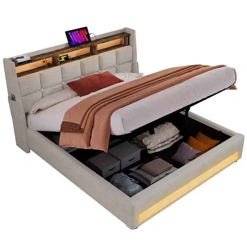 Lit deux places avec rangement hydraulique, LED et USB, tête de lit rembourrée, sans sommier tapissier, montage facile
