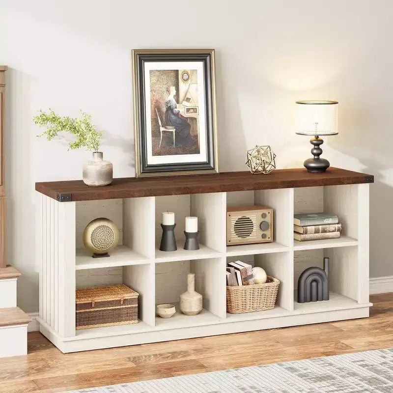 8 Cube Storage Organizer Bookshelf, Farmhouse Horizontal Bookcase, 62 Inch Wood Storage Bookcase for Entryway, Long Low Bookshelves for Living Room