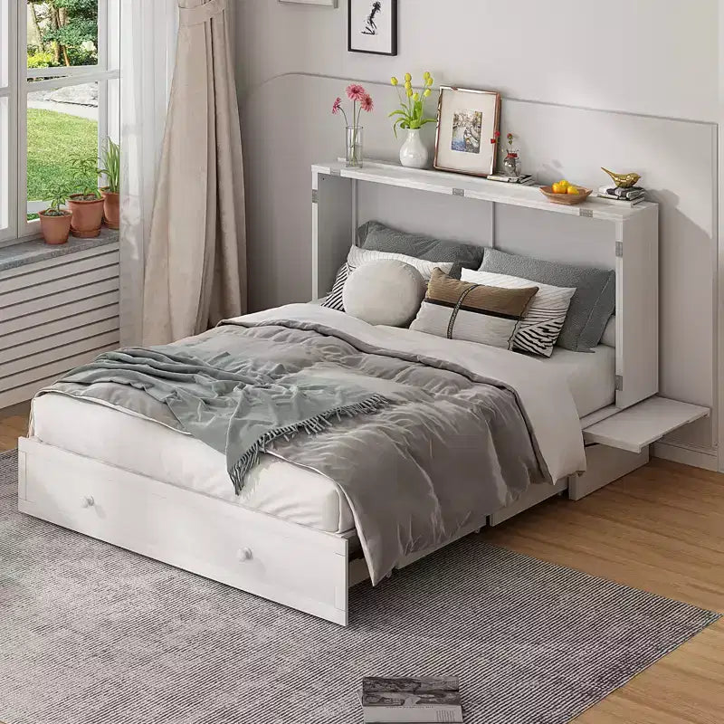 Cama abatible Mjkone tamaño queen, cama tipo armario cúbico con estación de carga y espacio de almacenamiento