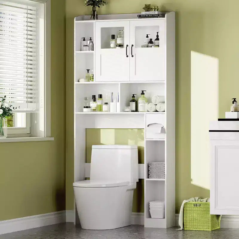 WC fölé szerelhető tárolószekrény – 171,2 cm magas, vidéki stílusú fürdőszobai rendszerező és tároló állítható polccal és üvegajtóval fürdőszobába, mosókonyhába