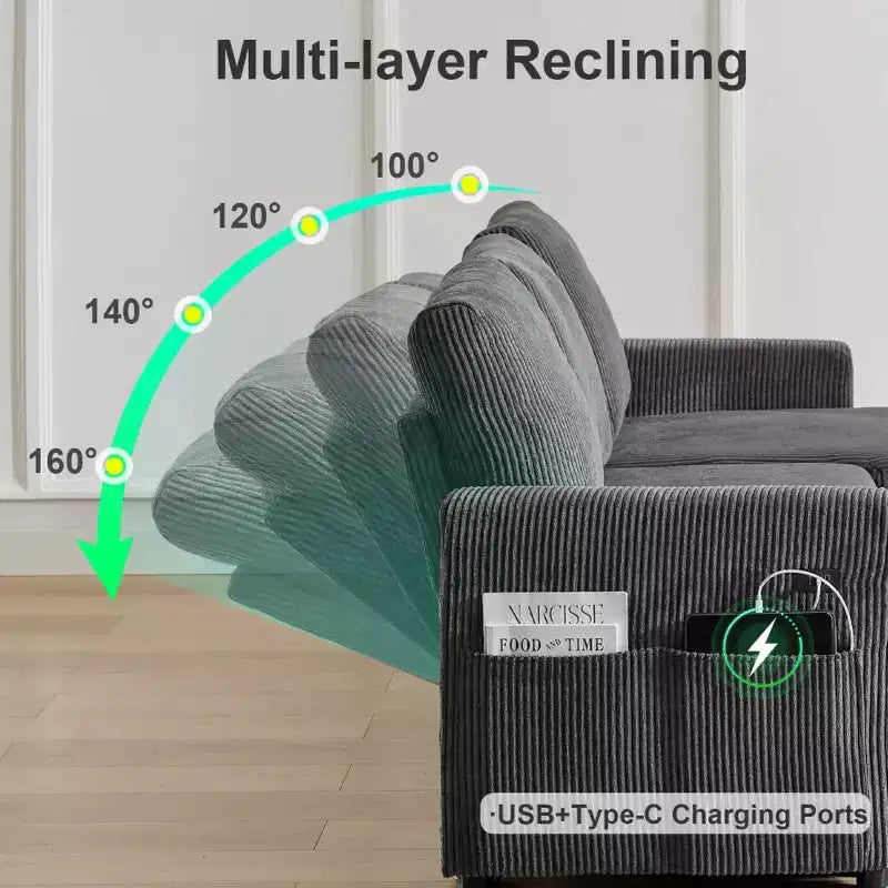 Dyonery 2-in-1-Schlafsofa zum Ausziehen mit Stauraum und Récamiere, Cord-Ecksofa mit USB-Anschlüssen für das Wohnzimmer