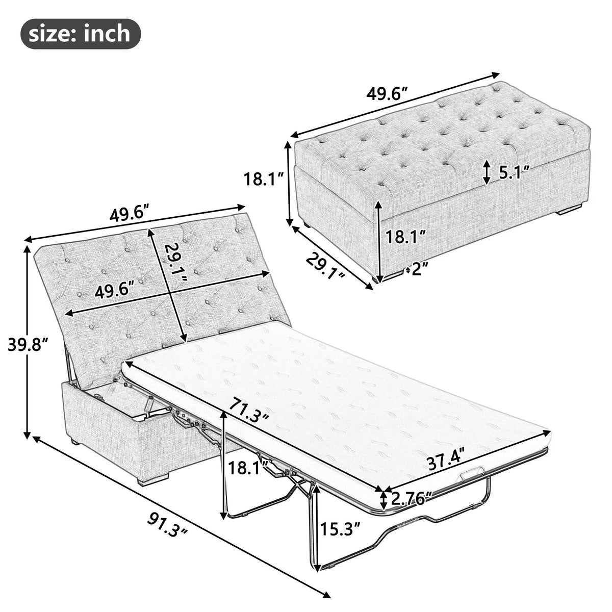 Divano letto pieghevole, pouf da 49,6 pollici con divano letto pieghevole, pouf trasformabile in letto con materasso in memory foam e design trapuntato