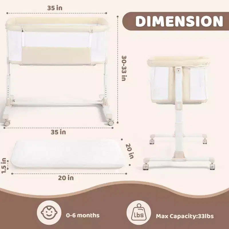 Babywiegje met wielen – beige / grijs / roze, wiegje naast het bed, voor 1 baby