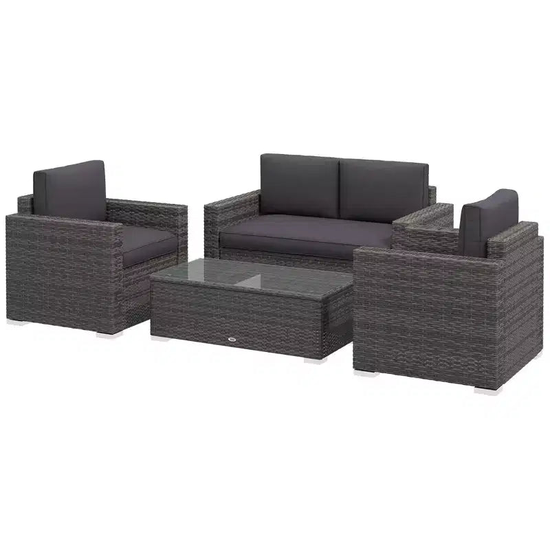 Ensemble de canapé en rotin de 4 pièces, salon de jardin en résine tressée avec causeuse, fauteuils et table basse avec plateau en verre pour l’extérieur
