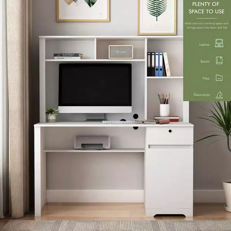 51.18IN Modern Computer Desk with Hutch and Bookshelf, Office Desk with Ample Storage, Writing Desk for Study, Reading Room