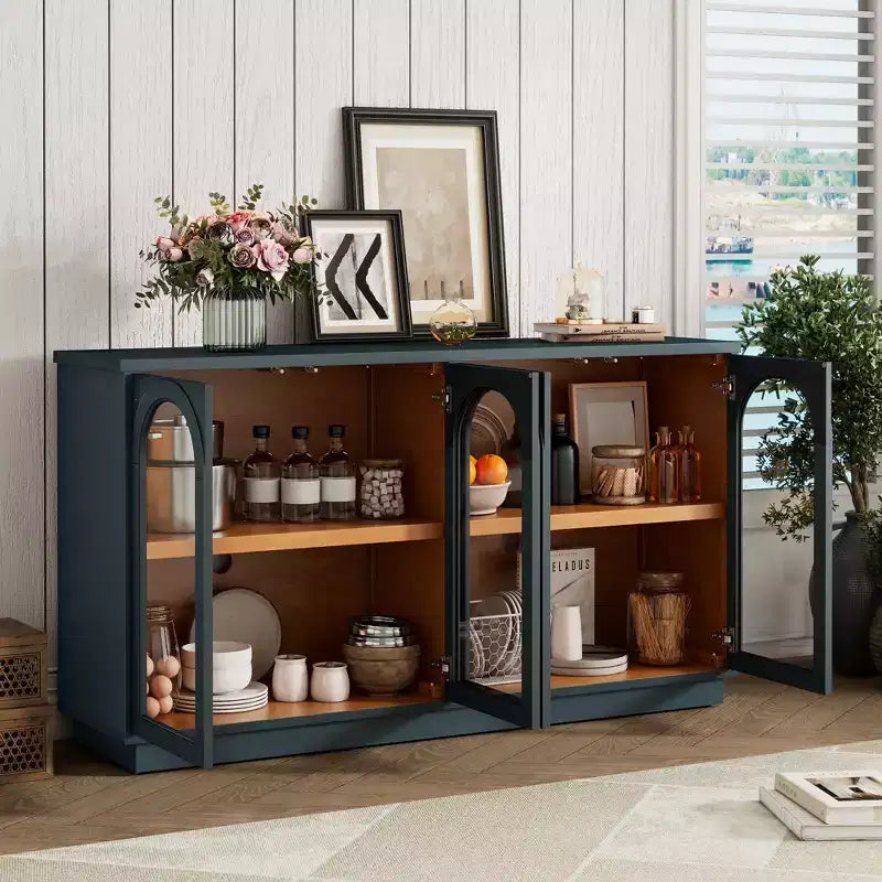 Grande buffet contenitore a 4 ante con ante in vetro, mobile ad arco con ripiani regolabili per la cucina