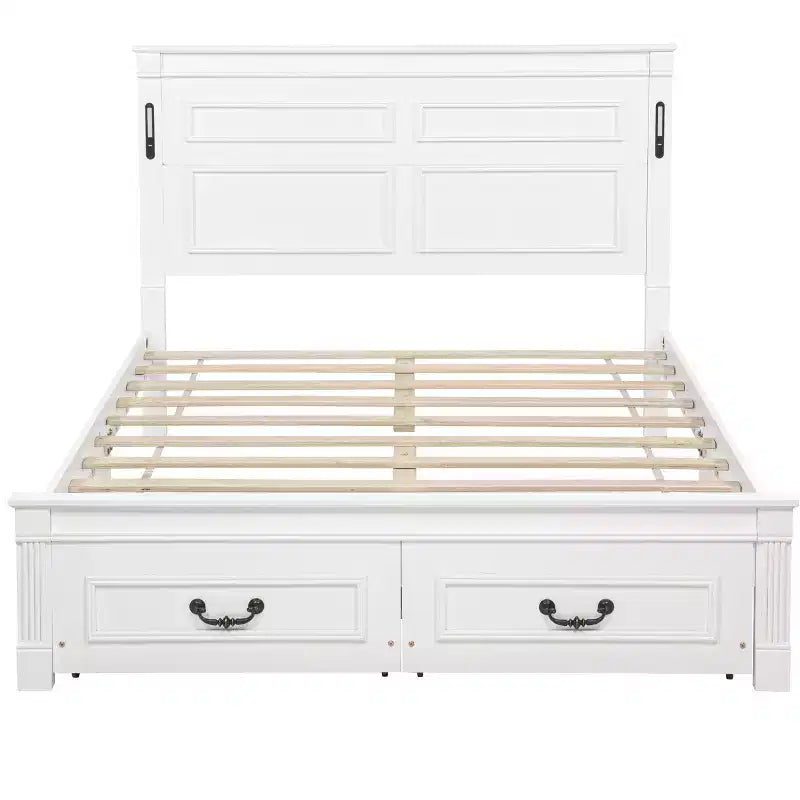 ModernLuxe platformbed voor eenpersoons- of tweepersoonsformaat met hoog hoofdbord, rustiek houten bedframe met 2 laden, ledverlichting en USB-poorten