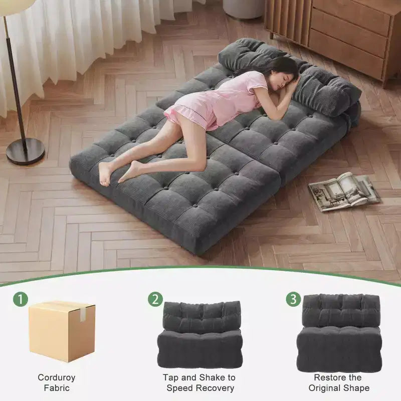 Canapé-lit futon pliant en velours côtelé, fauteuil convertible au sol avec coussin et soutien dorsal, format double
