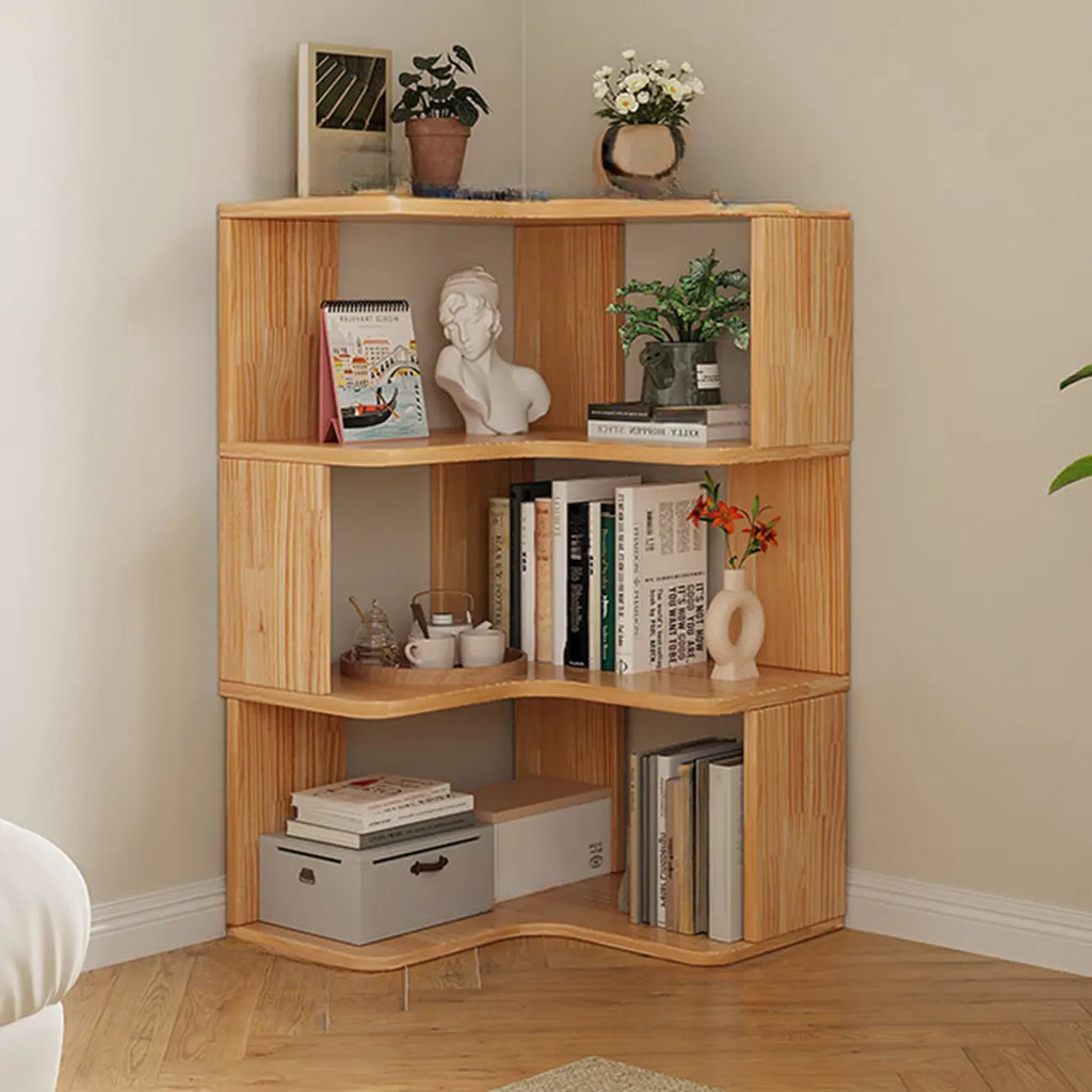 Bibliothèque verticale en bois en forme de L, finition naturelle, dos ouvert