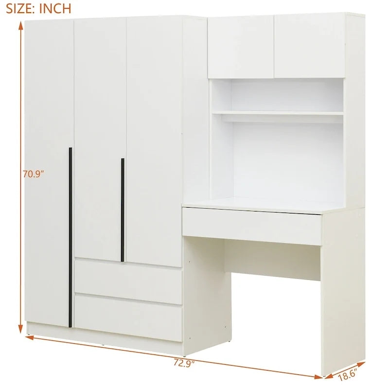 3-in-1 Wardrobe Closet with Vanity Desk, Desk Set, Bedroom Armoire with 2 Drawers 3-Door Storage Desk Wardrobe
