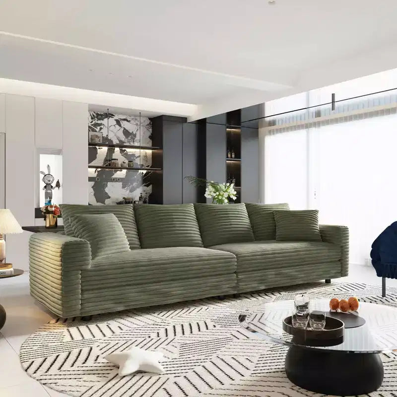 102.4 Pluszowa sztruksowa rozkładana sofa 4-osobowa z pufami - zielona
