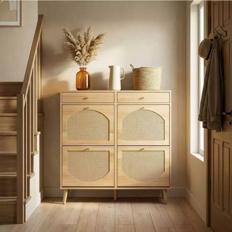 Karl Home Rattan Panel 2 Drawers 4 Flip-Drawer Shoe Cabinet Particleboard 41.34 W