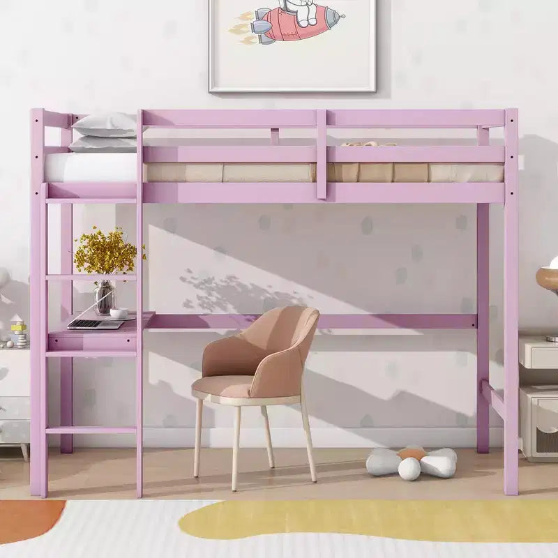Okak Minimalism Loft Bed with Ladder, Rubber Wood Twin Loft Bed with Safety Guardrail and Build-In Desk, Bed Frames for Kids, Teenagers