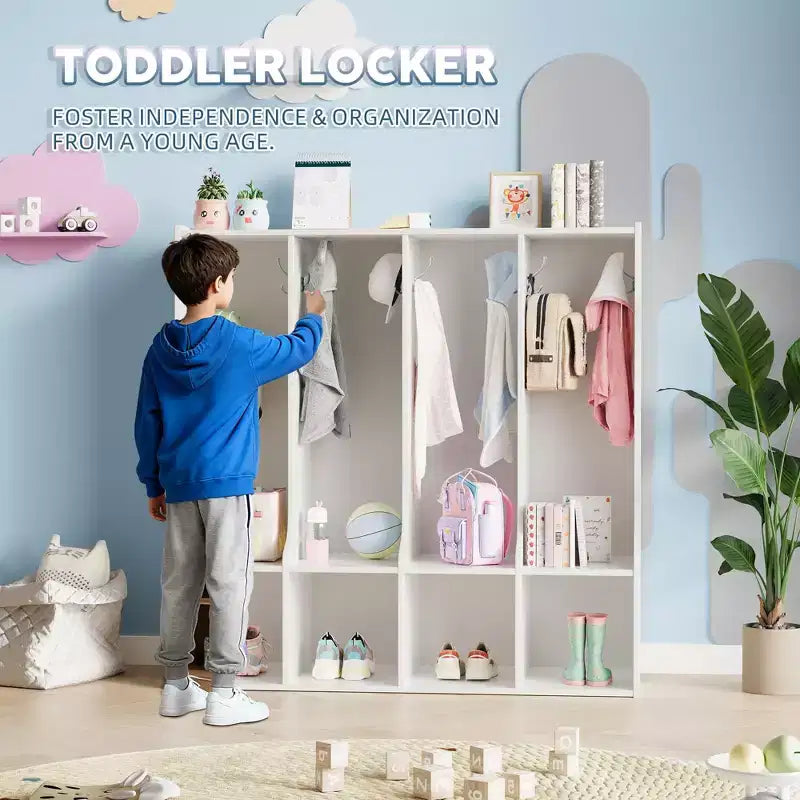 Braun-weißer Garderobenschrank mit 4 Fächern und 8 Haken für Kinder