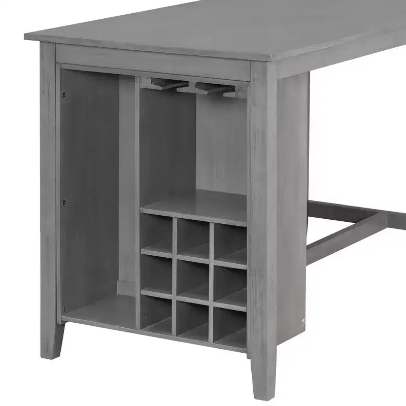 Ensemble de salle à manger de style maison de campagne 5 pièces, hauteur comptoir, avec chaises pour 4 personnes, table rectangulaire en bois avec étagères de rangement et compartiment pour bouteilles de vin