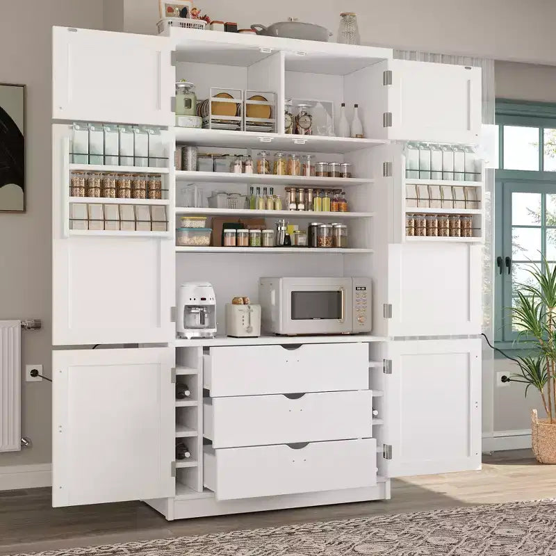 Dispensa alta da cucina con prese di corrente, grande armadio indipendente con supporto per microonde, cassetti, ripiani, portabottiglie e ripiano nell’anta