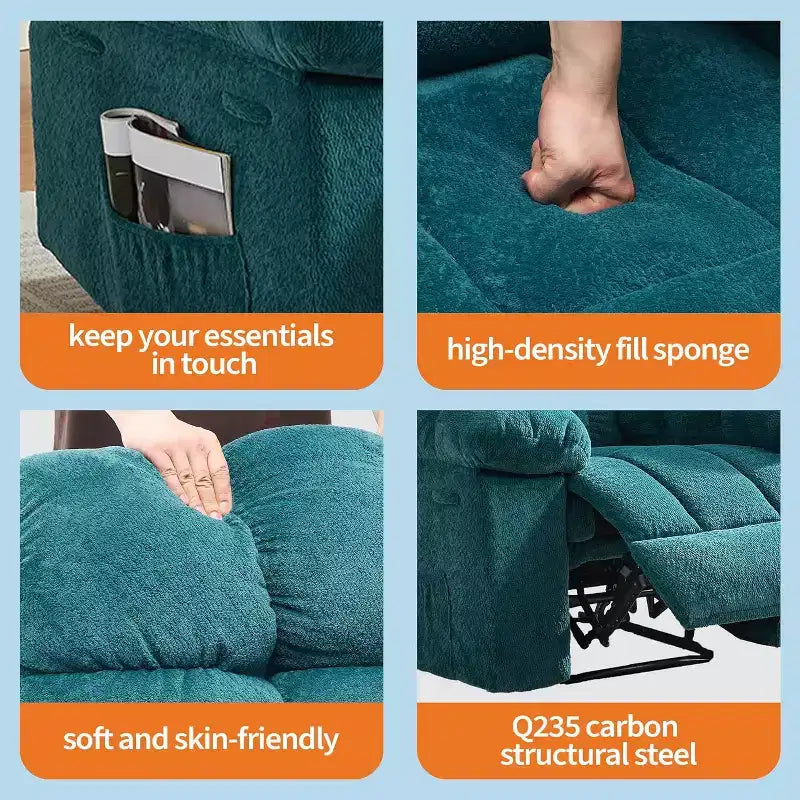Handmatige relaxfauteuil, ergonomische ademende stoffen fauteuil met zijvakken, eenpersoonsbank, geschikt voor woonkamer en slaapkamer