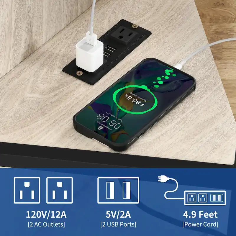 Meuble TV d’angle de style maison de campagne, centre de divertissement et console multimédia pour téléviseurs jusqu’à 55 po, avec prise électrique