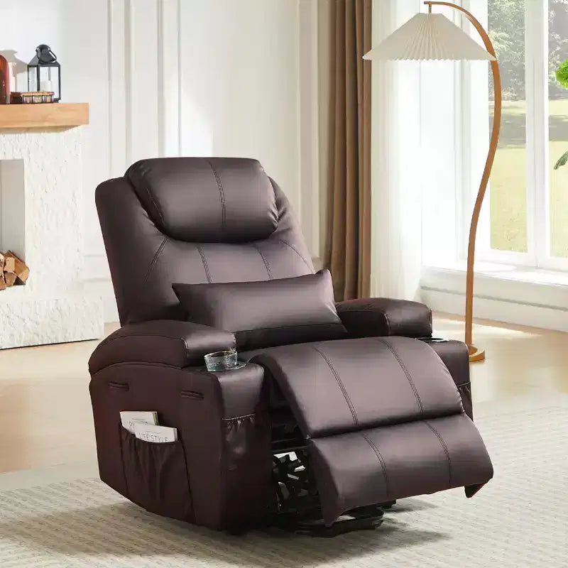 Sillón reclinable Bestier de 34,6 pulgadas con elevación eléctrica, masaje y calefacción, tapizado en cuero sintético, con bolsillos laterales y portavasos