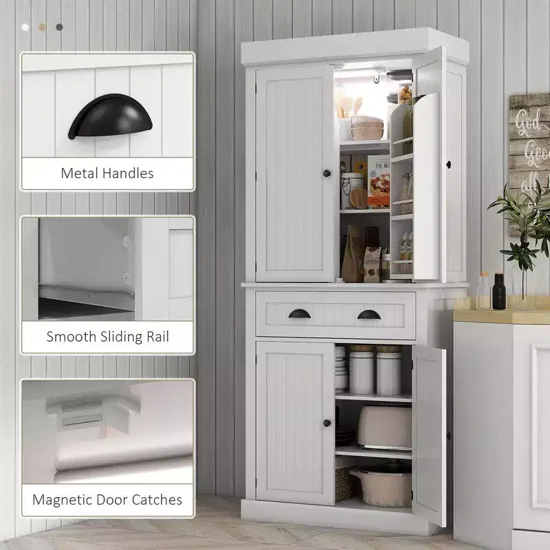 71 Kitchen Pantry Cabinet with LED Lights, 6 Door Shelves, a Drawer and 4 Adjustable Shelves