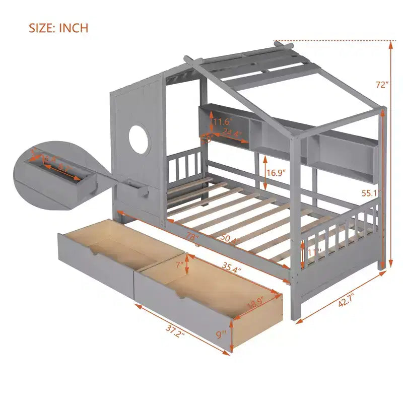 Holzhausbett in Twin-/Full-Größe mit 2 Schubladen, Kinderbett mit Ablagefach – ModernLuxe