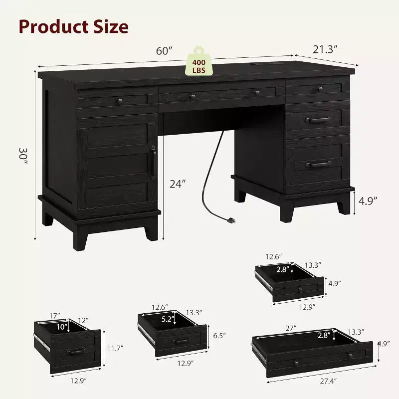 Bureau de direction de 60 po avec tiroirs, bureau à domicile avec station de recharge, bureau d’ordinateur et d’écriture en bois pour étude, table de conférence pour salon