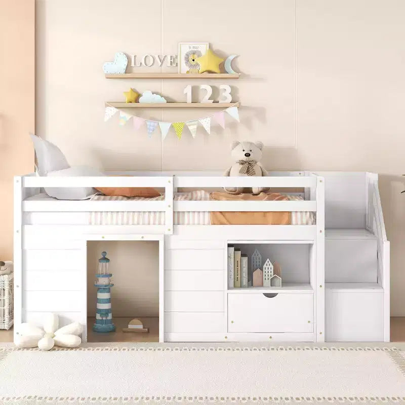 Okak Solid Wood Twin Loft Bed with Stairs & Storage,Low Profile Bunk Beds Twin with Drawers & Shelves,Multi-Functional Loft Beds for Kids,Teens