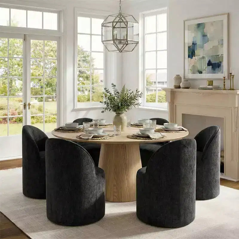 Set da pranzo moderno per 6 persone, tavolo da pranzo rotondo con base centrale, sedie a botte girevoli con ruote, in ciniglia testurizzata - Panipeachy