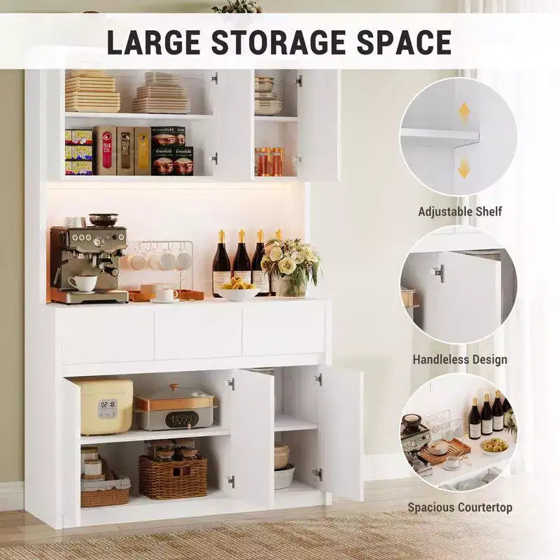 71 inch Kitchen Pantry Cabinet, Hutch Storage with Led Lights and Power Outlets, Buffet Cabinet with Microwave Stand, Adjustable Shelves