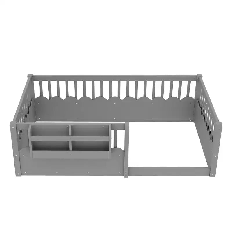 Bellemave Kids Floor Bed with Heightened Fence and Bookshelf, Wooden Twin Montessori Bed Frame for Girls Boys