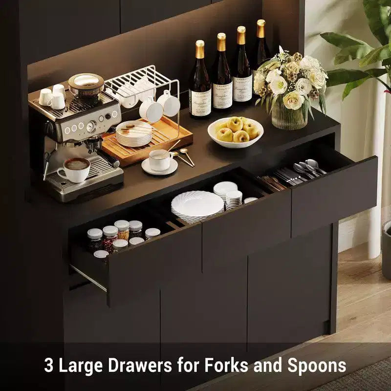 71 inch Kitchen Pantry Cabinet, Hutch Storage with Led Lights and Power Outlets, Buffet Cabinet with Microwave Stand, Adjustable Shelves
