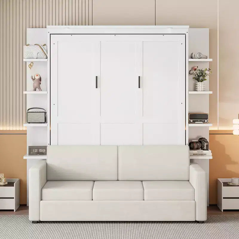 Lit escamotable mural Whisen au format queen, avec cadre en bois, canapé et étagères, au design moderne