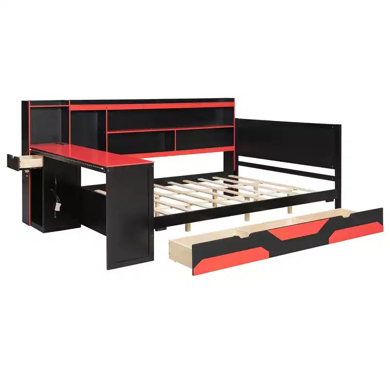 Full/Queen Gaming Daybed with Bookcase Headboard, LED Lights, Integrated Desk, Drawers and Charging Station