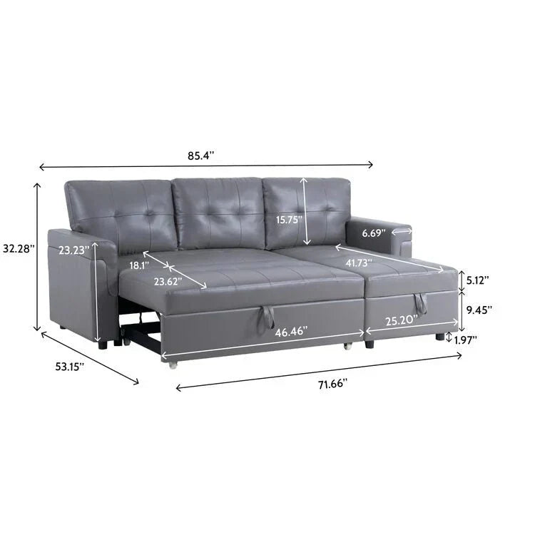 Divano componibile reversibile trasformabile con letto estraibile, chaise longue con contenitore nascosto e gambe resistenti