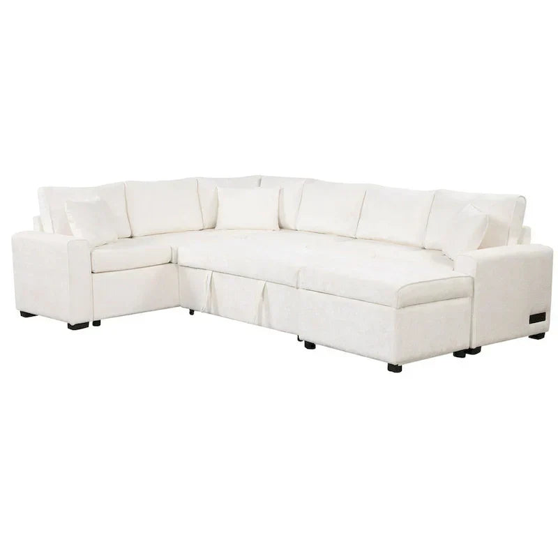 Chenille Sectional Sofa Pull-out Sofa Bed, L-Shape Sleeper Sofa with Storage Ottoman, 3 Pillows and Charging Devices