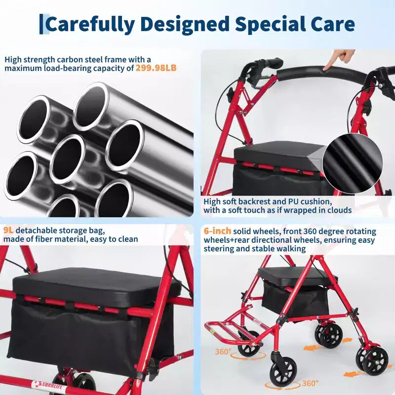 Silla de ruedas portátil plegable para adultos, capacidad de 299 lb, 6 ruedas, altura ajustable, almacenamiento bajo el asiento, asiento cómodo y reposapiés