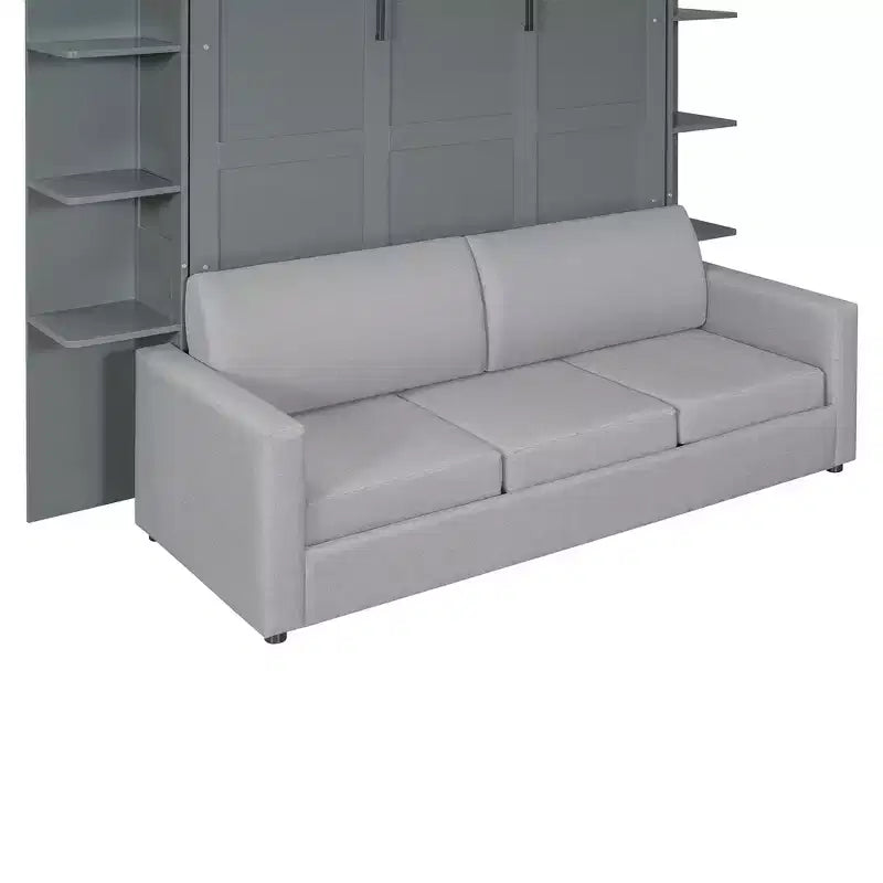 Lit escamotable mural Whisen au format queen, avec cadre en bois, canapé et étagères, au design moderne