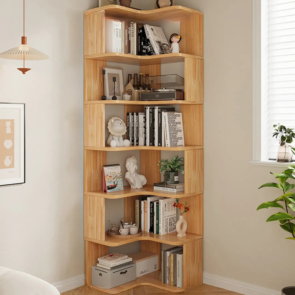 Bibliothèque verticale en bois en forme de L, finition naturelle, dos ouvert