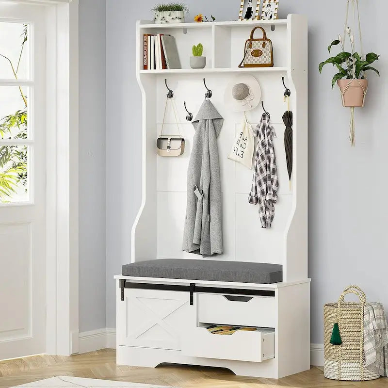 Vestiaire avec banc et rangement pour chaussures, portemanteau avec porte de grange