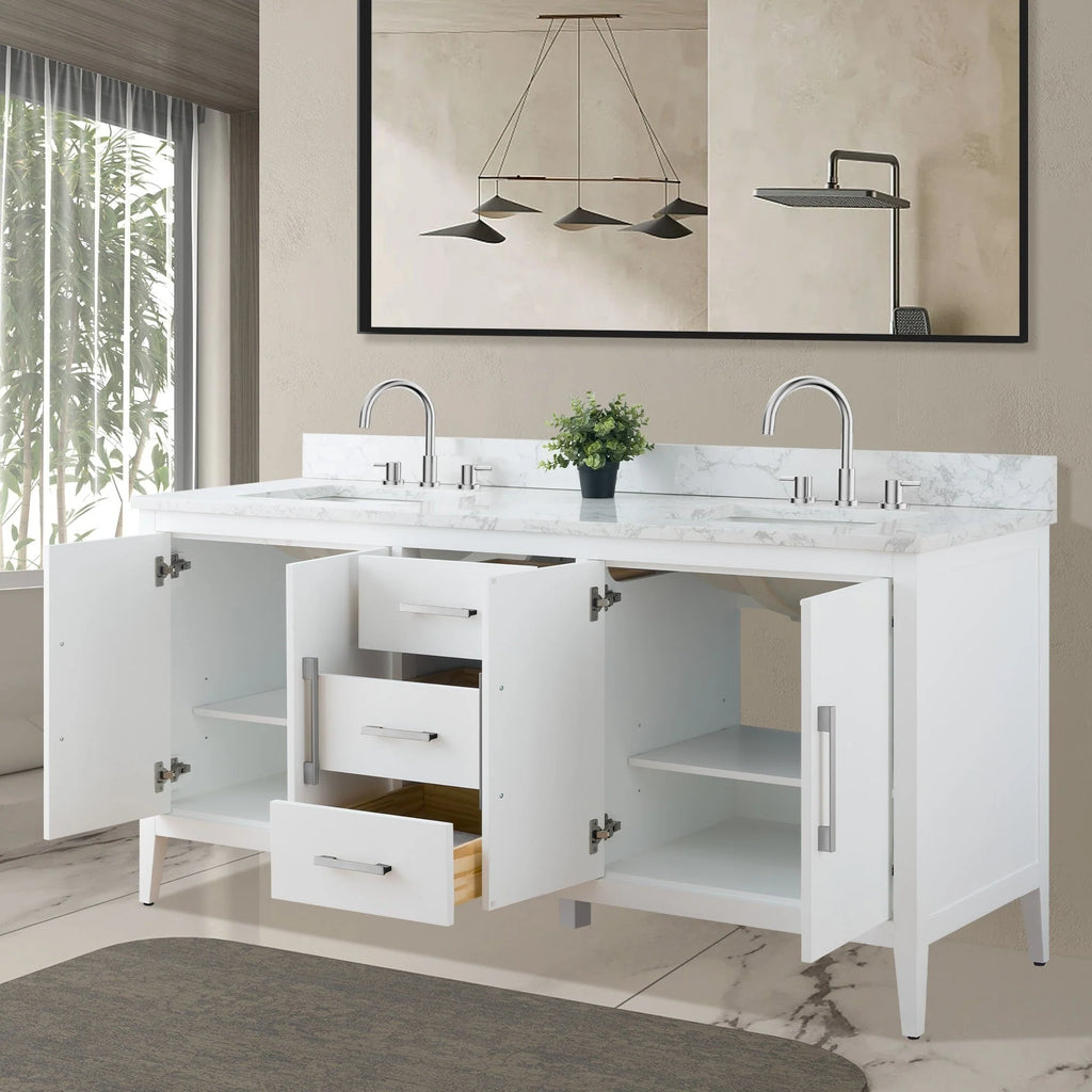 Vanity Art 72 badkamermeubel met dubbele wastafel en blad van composietmarmer