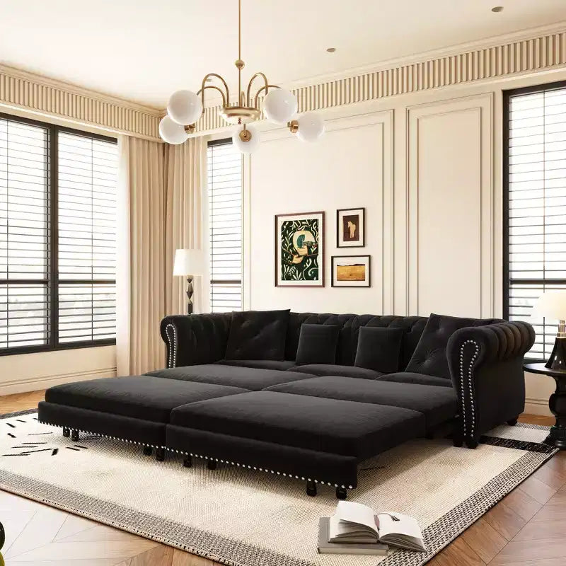 Whisen Samt-Schlafsofa in King-Size mit Ausziehfunktion und 3-in-1-Funktion, wandelbares Schlafsofa mit beweglichem Hocker und Steppdesign