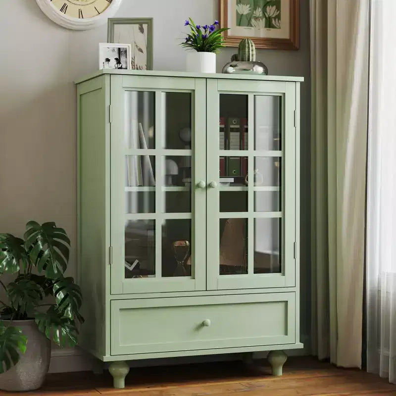 Storage Cabinets, Wooden Floor Cabinet with 1 Drawer and 2 Glass Doors, Farmhouse Sideboard Buffet Cabinet with Storage for Living Room
