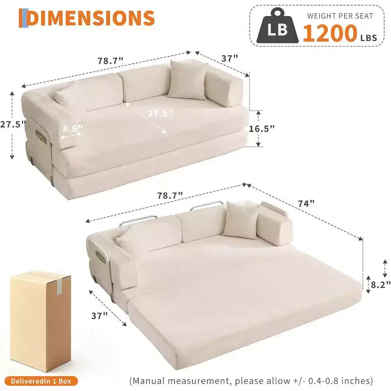 5-in-1-Schlafsofa, 78,8 Zoll, modulares Corduroy-Schlafsofa mit stabilem Rahmen, vielseitiger Futon für kleine Räume, Wohnzimmer und Gästezimmer