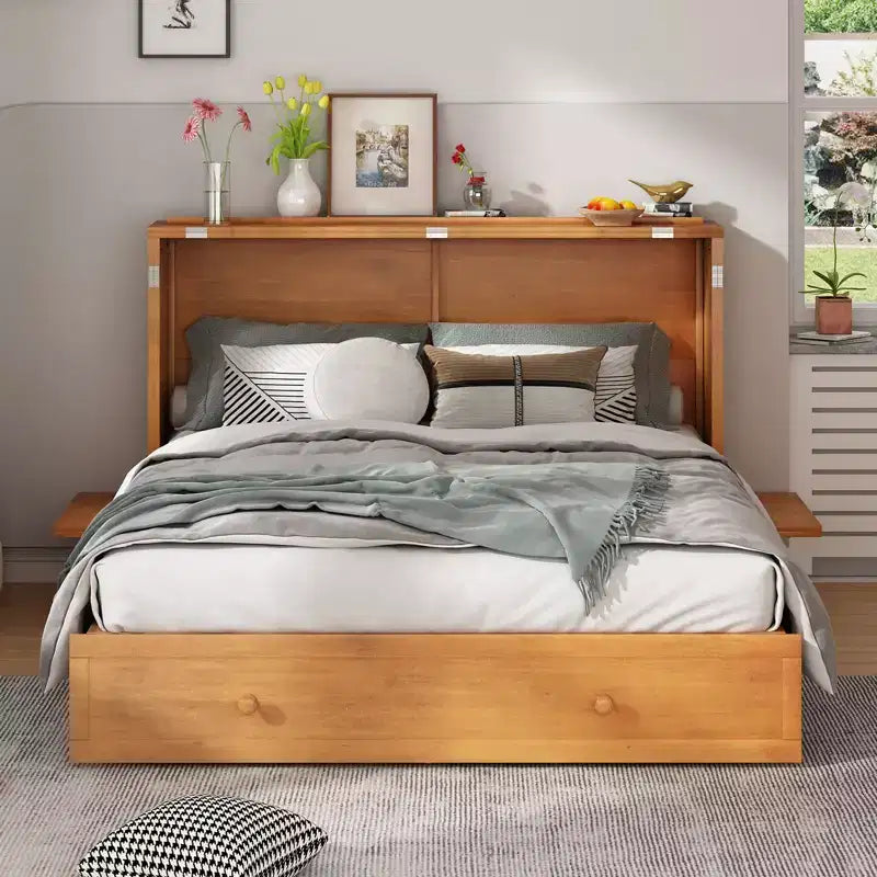 Cama abatible Mjkone tamaño queen, cama tipo armario cúbico con estación de carga y espacio de almacenamiento