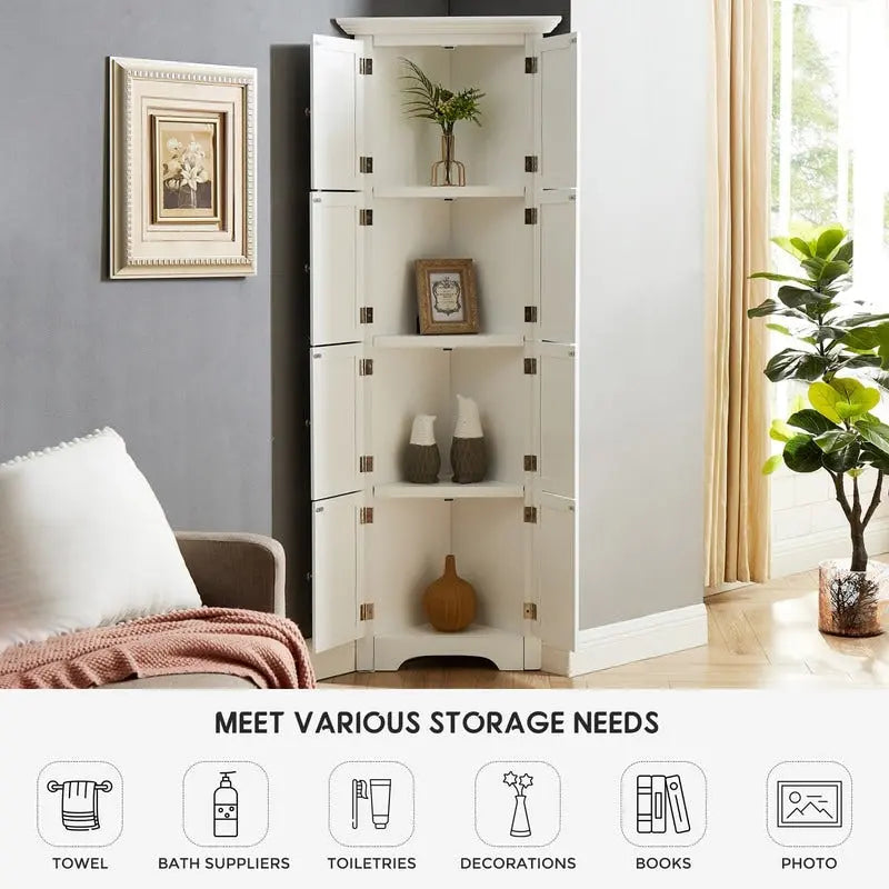 Tall Corner Storage Cabinet with 8 Doors and 4 Shelves