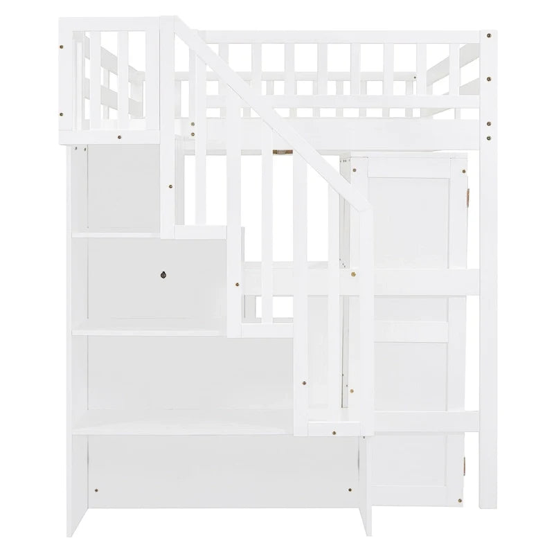 Hochbett in Full-Size mit Treppe, Bücherregal, Schreibtisch und Kleiderschrank – platzsparendes Multifunktionsmöbel für Kinder und Jugendliche – Weiß