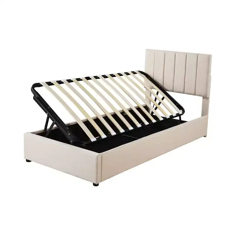 Bellemave eenpersoonsbed met opklapbare opbergruimte, gestoffeerd platformbed met hydraulisch opslagsysteem, hoofdbord met verticale strepen, beige