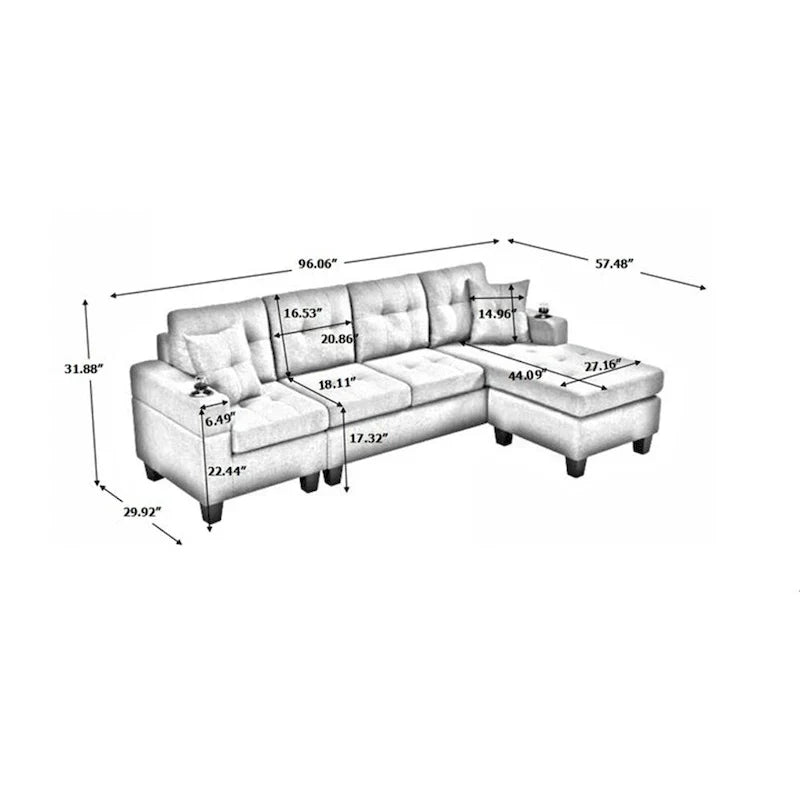 Modulaire hoekbank voor de woonkamer met L-vormige chaise longue en bekerhouder
