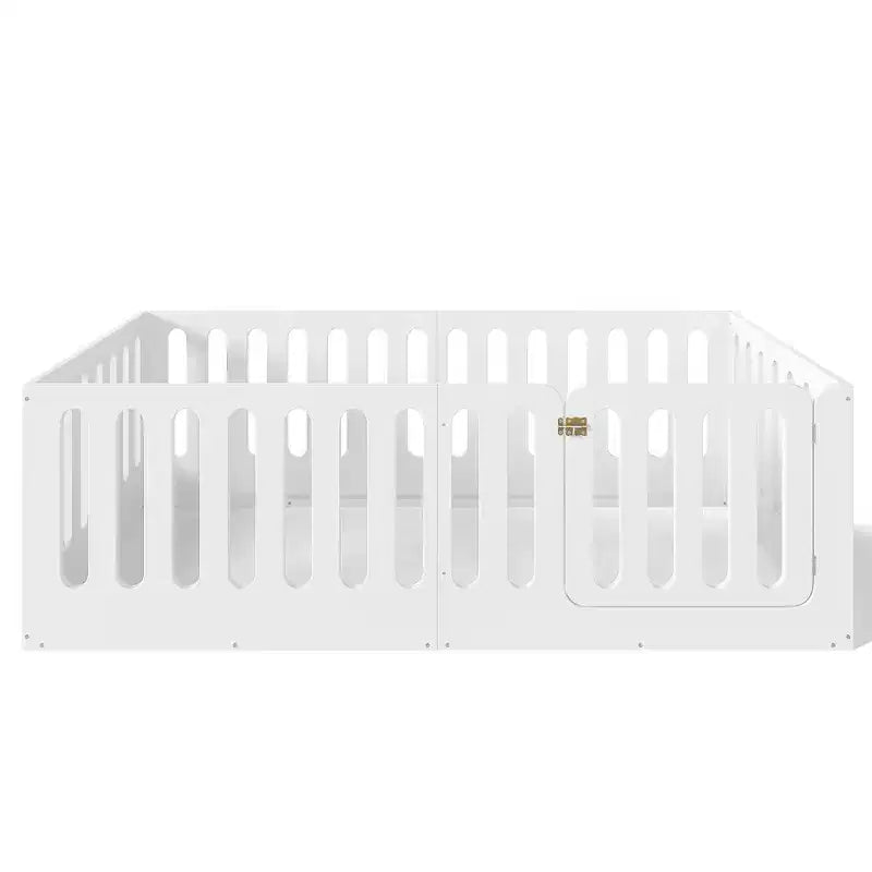 Cama Montessori blanca de tamaño individual para el suelo con barandillas y puerta, madera maciza, para 1 niño